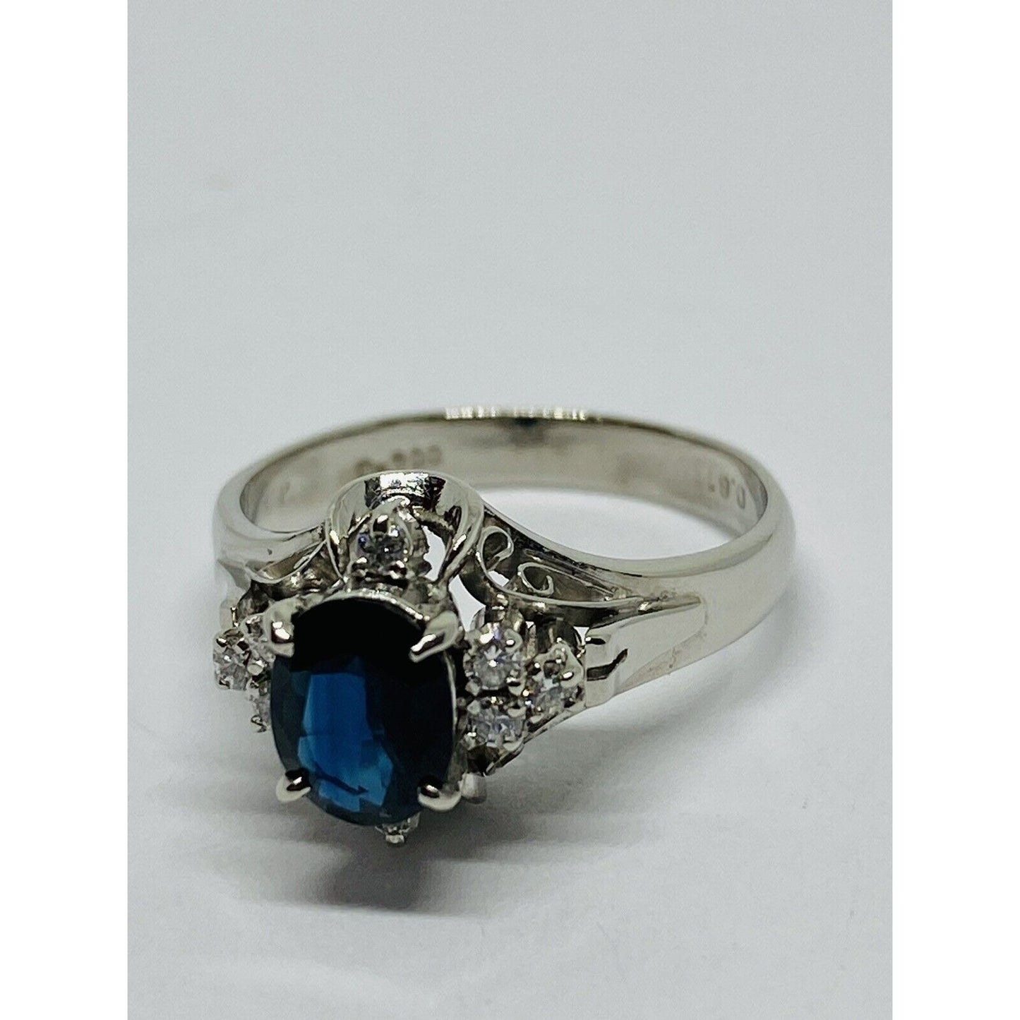 Platinum 900 Blue Sapphire Diamond Ring Size 5 .91 ctw