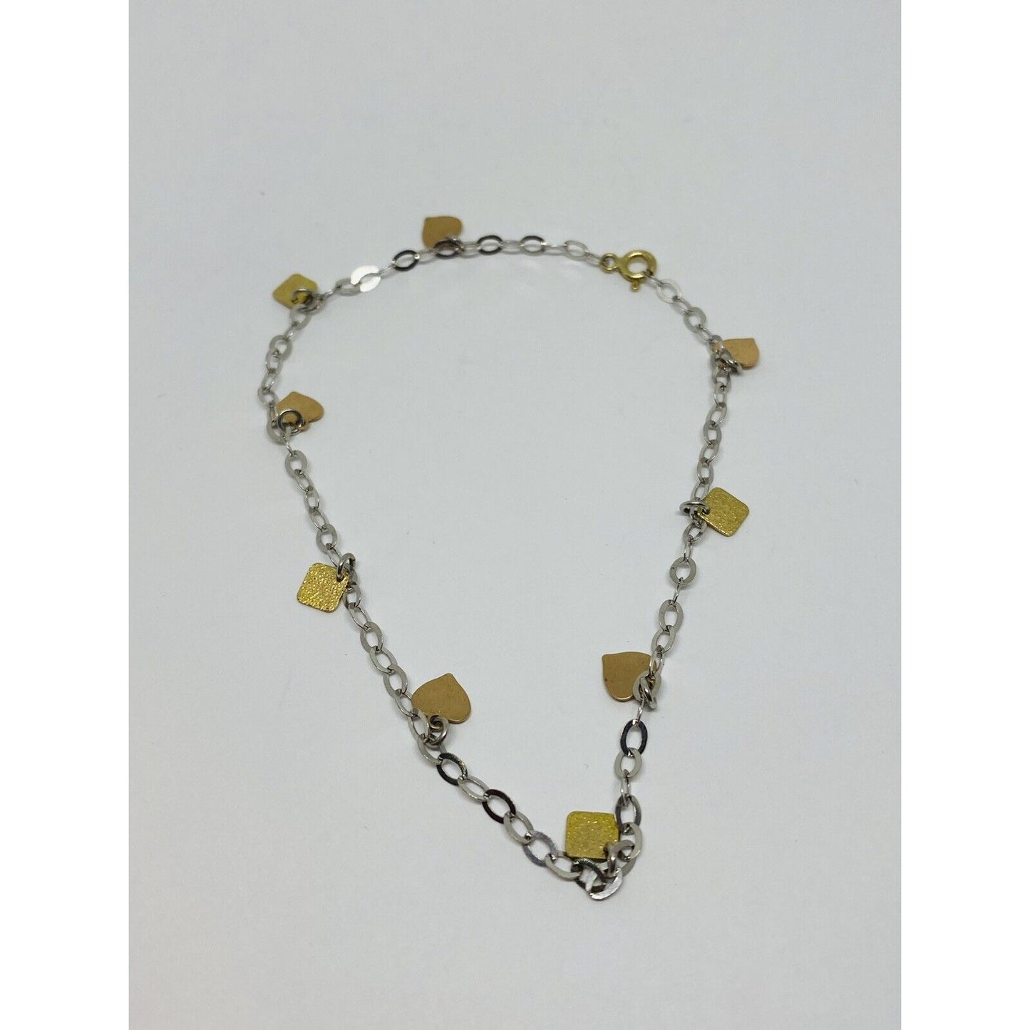 14K Solid Tri Color Gold Bracelet Chain Anklet 9.5” Dangling Hearts Squares