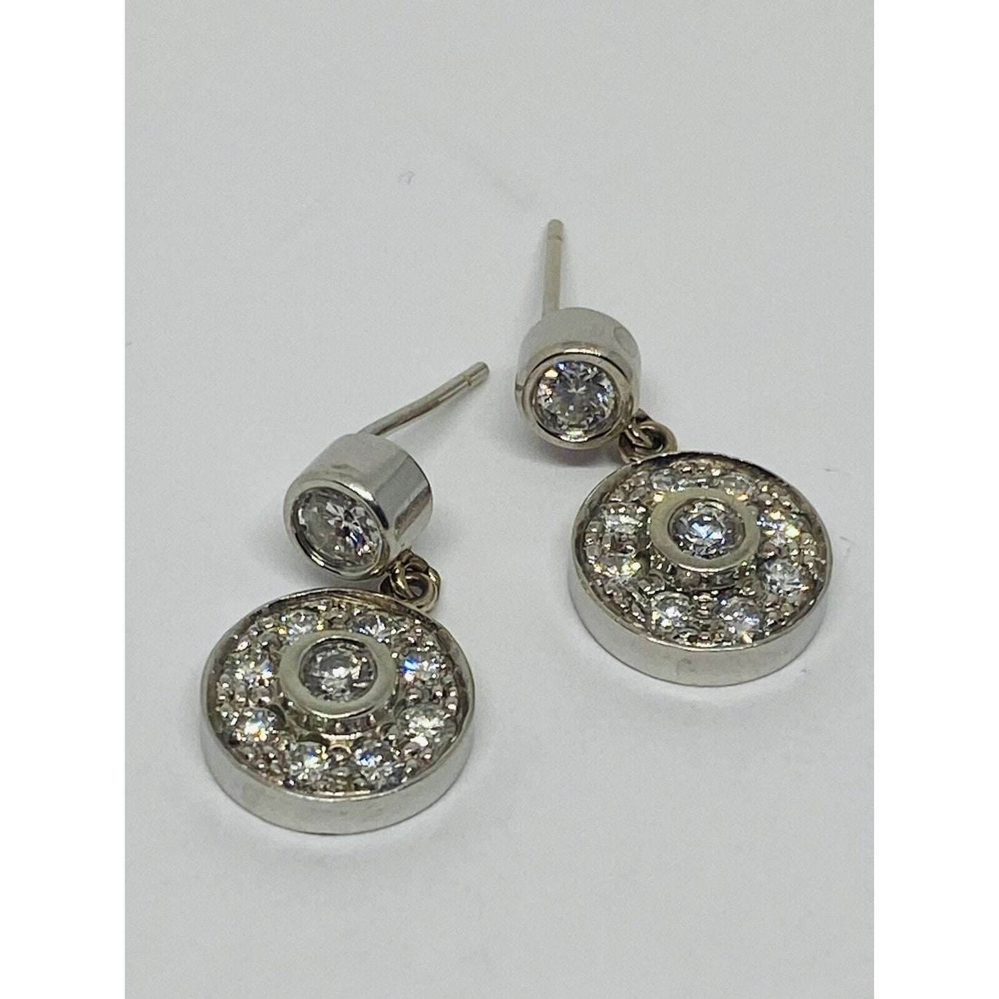 14k White Gold Bezel Set Diamond Halo Drop Dangle Earring 4.6 Grams 21MM 1 CT