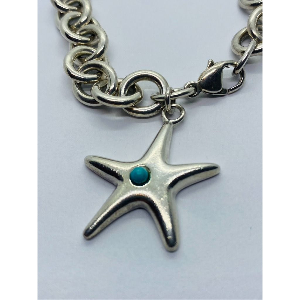 Tiffany & Co Sterling Silver Starfish Turquoise Round Link Bracelet Authentic