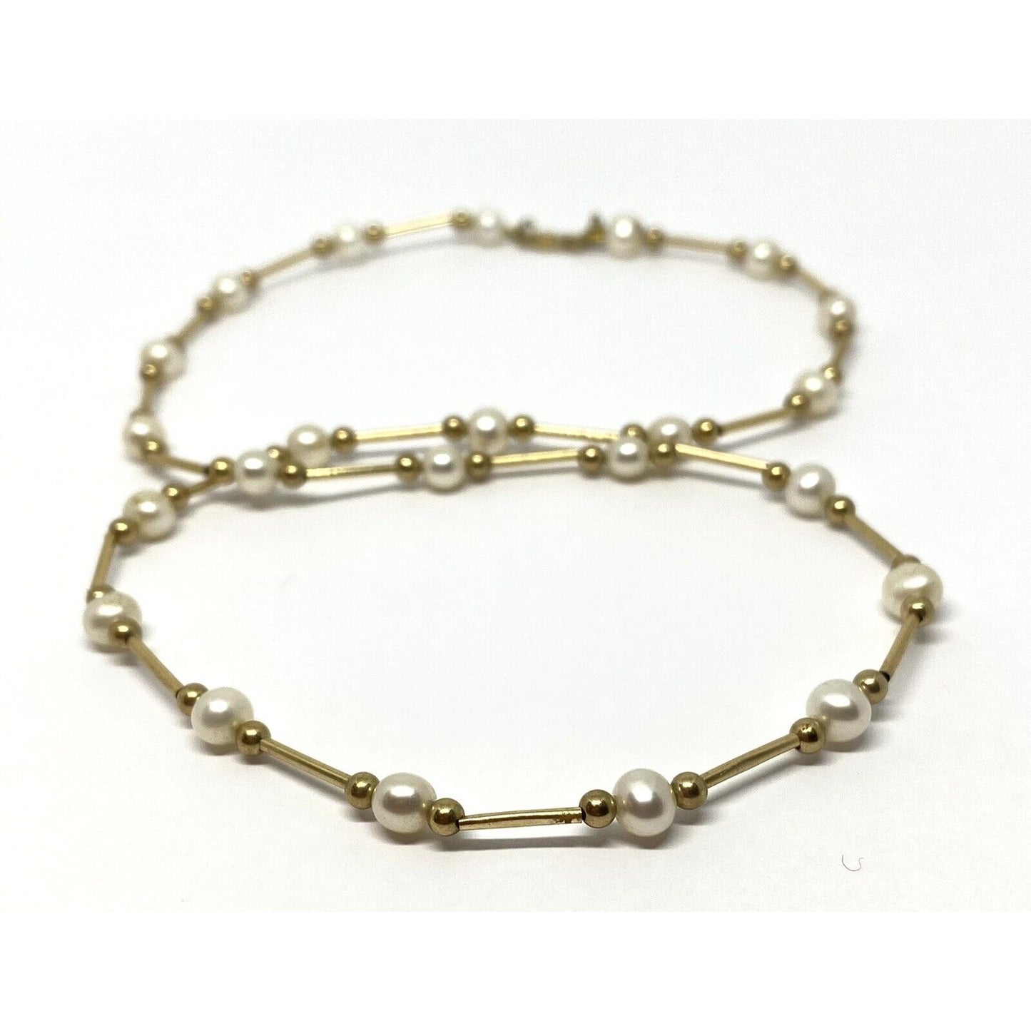 Vintage 14k Yellow Gold Pearl Station Link Necklace 17” 5MM Pearls