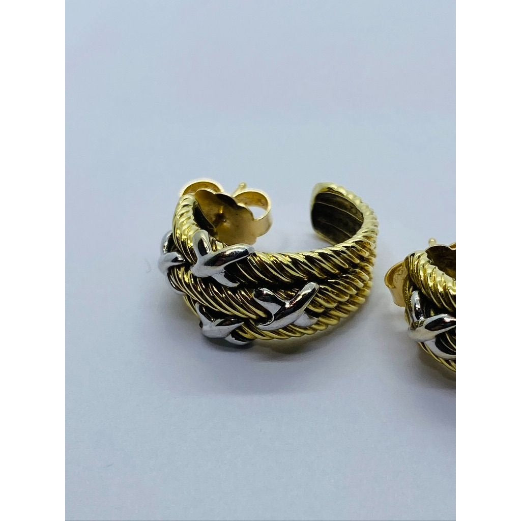 Rare David Yurman triple Cable Hoop Style X Cross Earrings 14K Gold