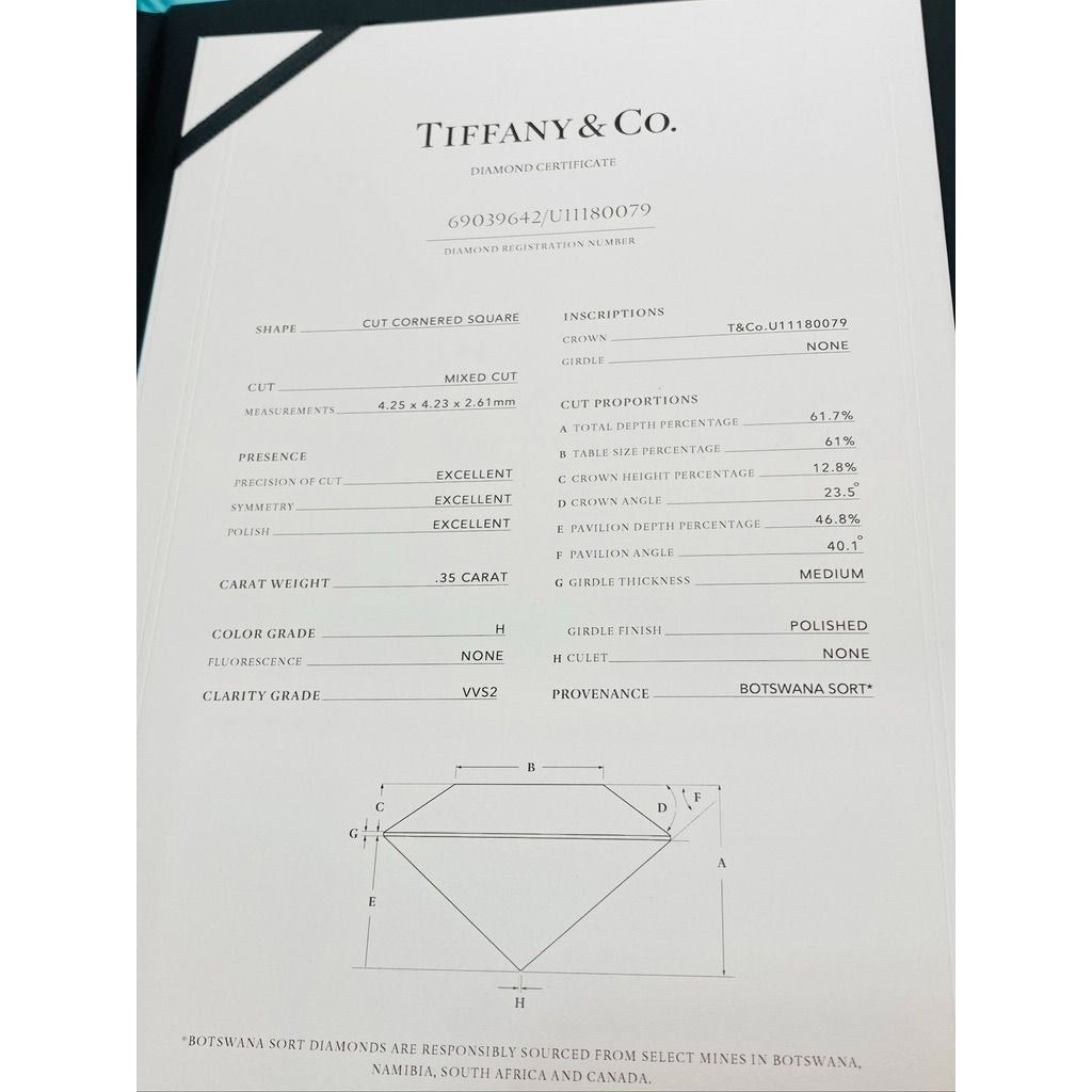 Tiffany & Co True Cut Engagement Ring .35CTW Platinum Ring Size 6 VVS2