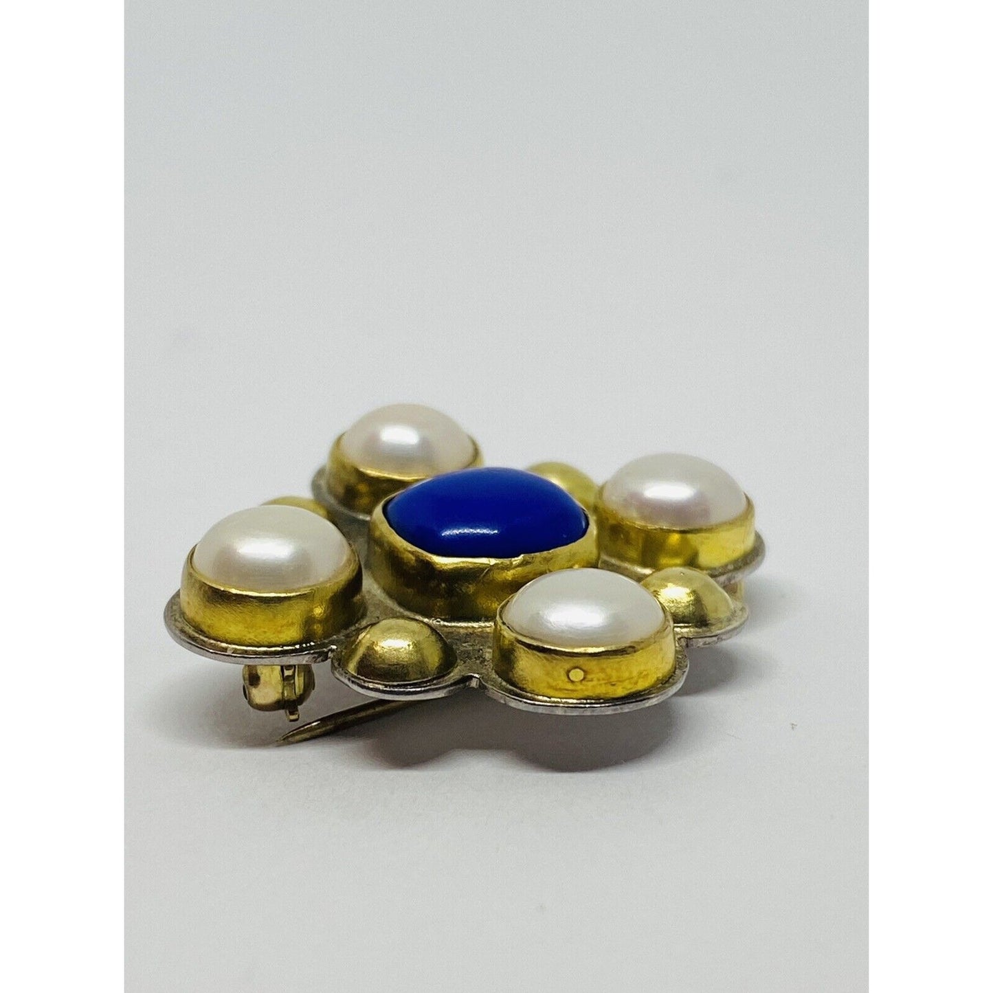 Vintage Sterling Silver 925 22K Pearl Lapis Pin Brooch Necklace 33x33MM