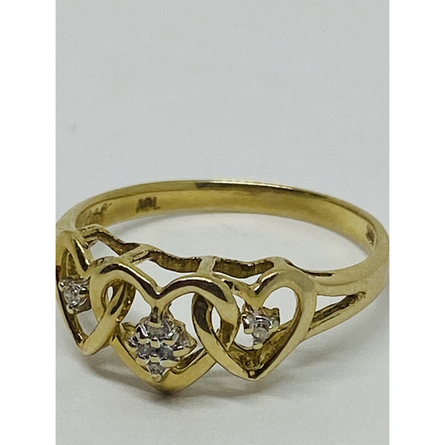 10K Gold 3 Heart Diamond Ring Size 7, Signed ADL