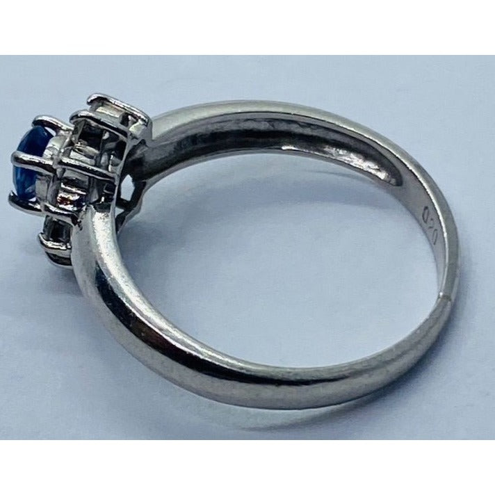 Solid Platinum 900 Navy Sapphire Diamond Halo Ring - 2.7 gms, Sz 5 , .40 TCW