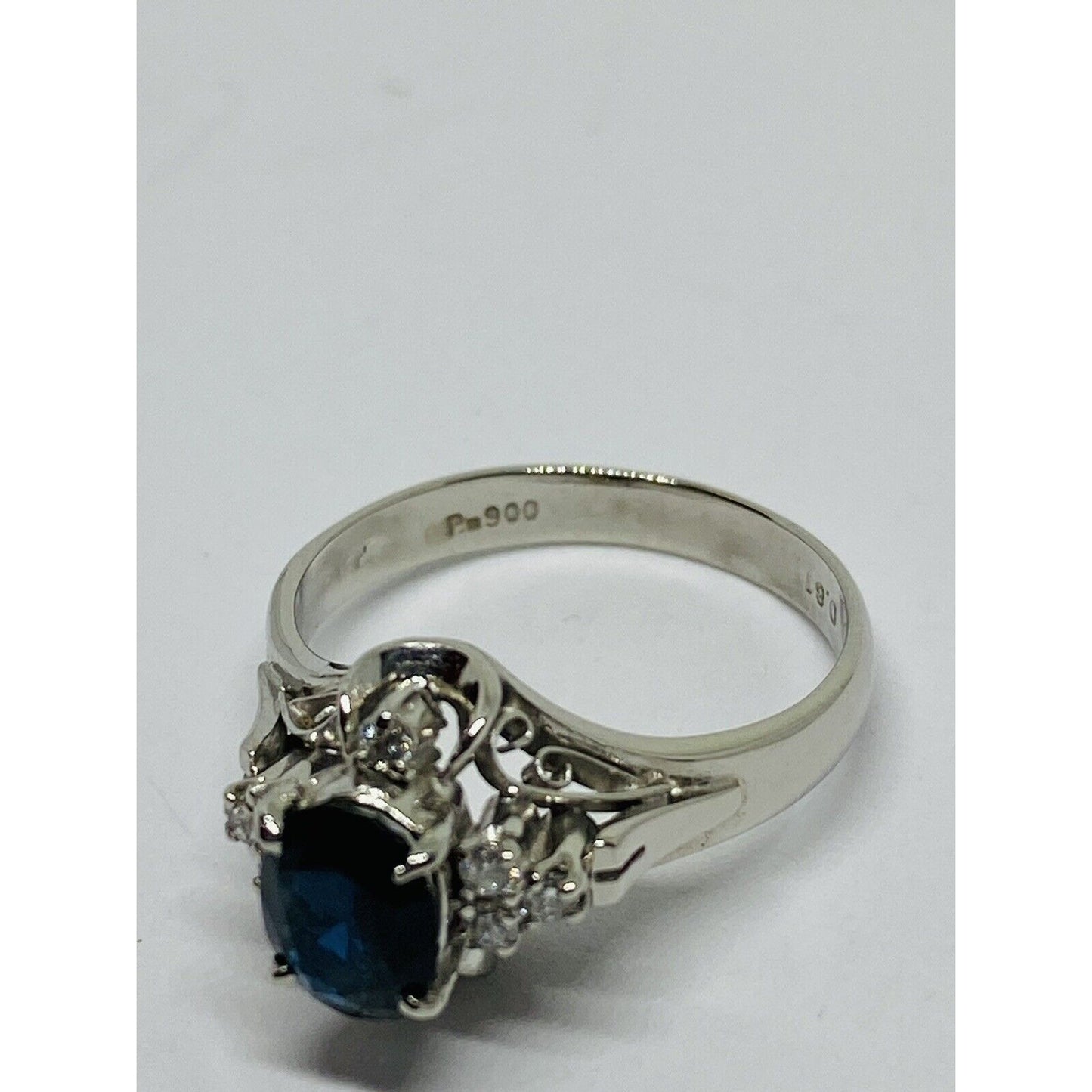 Platinum 900 Blue Sapphire Diamond Ring Size 5 .91 ctw