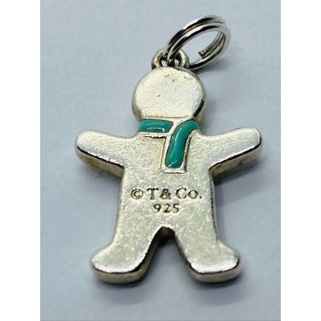 Tiffany&Co Gingerbread Man Pendant Charm Blue Enamel Sterling Silver Pouch
