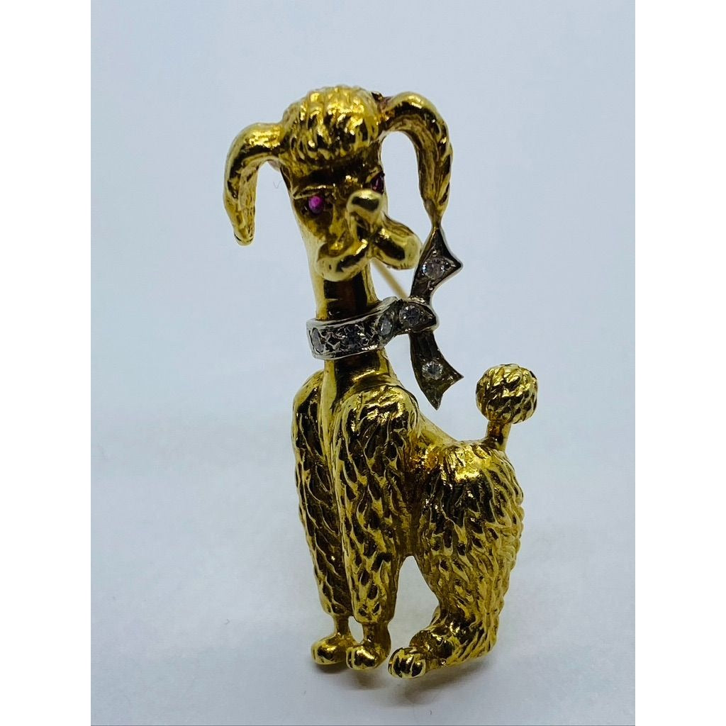 Signed Diamond Ruby 18K Gold Textured Poodle Dog Pin 15.3 Grams