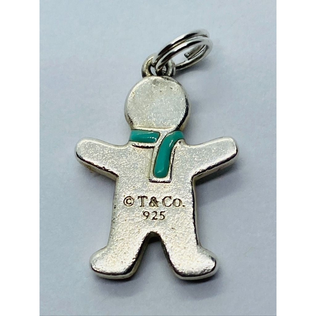 Tiffany&Co Gingerbread Man Pendant Charm Blue Enamel Sterling Silver Pouch