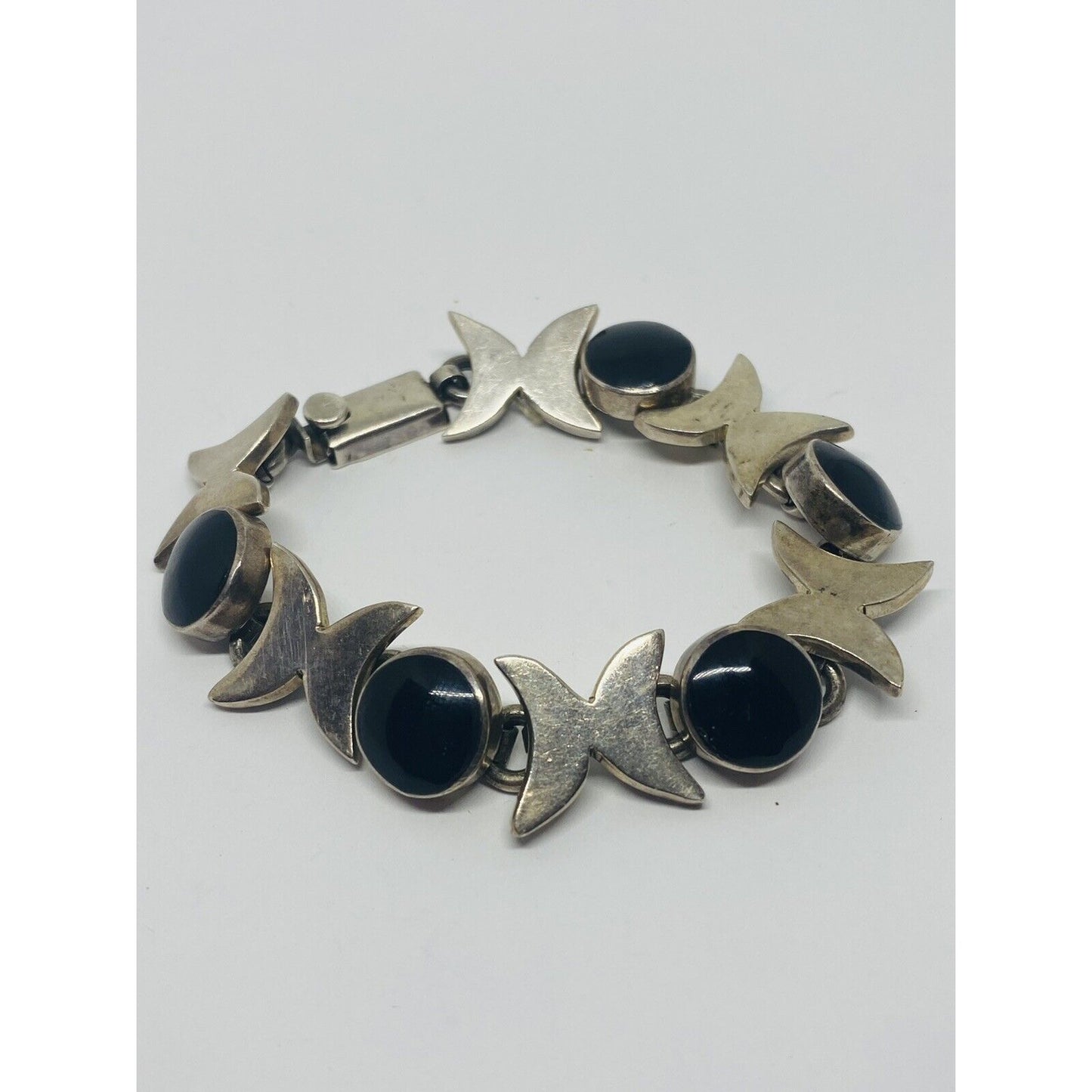 Mexico Taxco Sterling Silver Onyx Gemstone Bracelet Heavy SIGNED TM-146