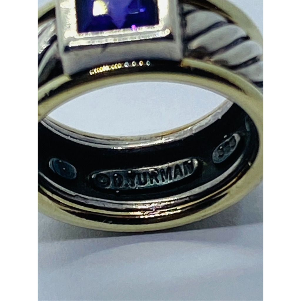 David Yurman Sterling 14K Yellow Gold Cigar Cable Ring Amethyst Band 5.75