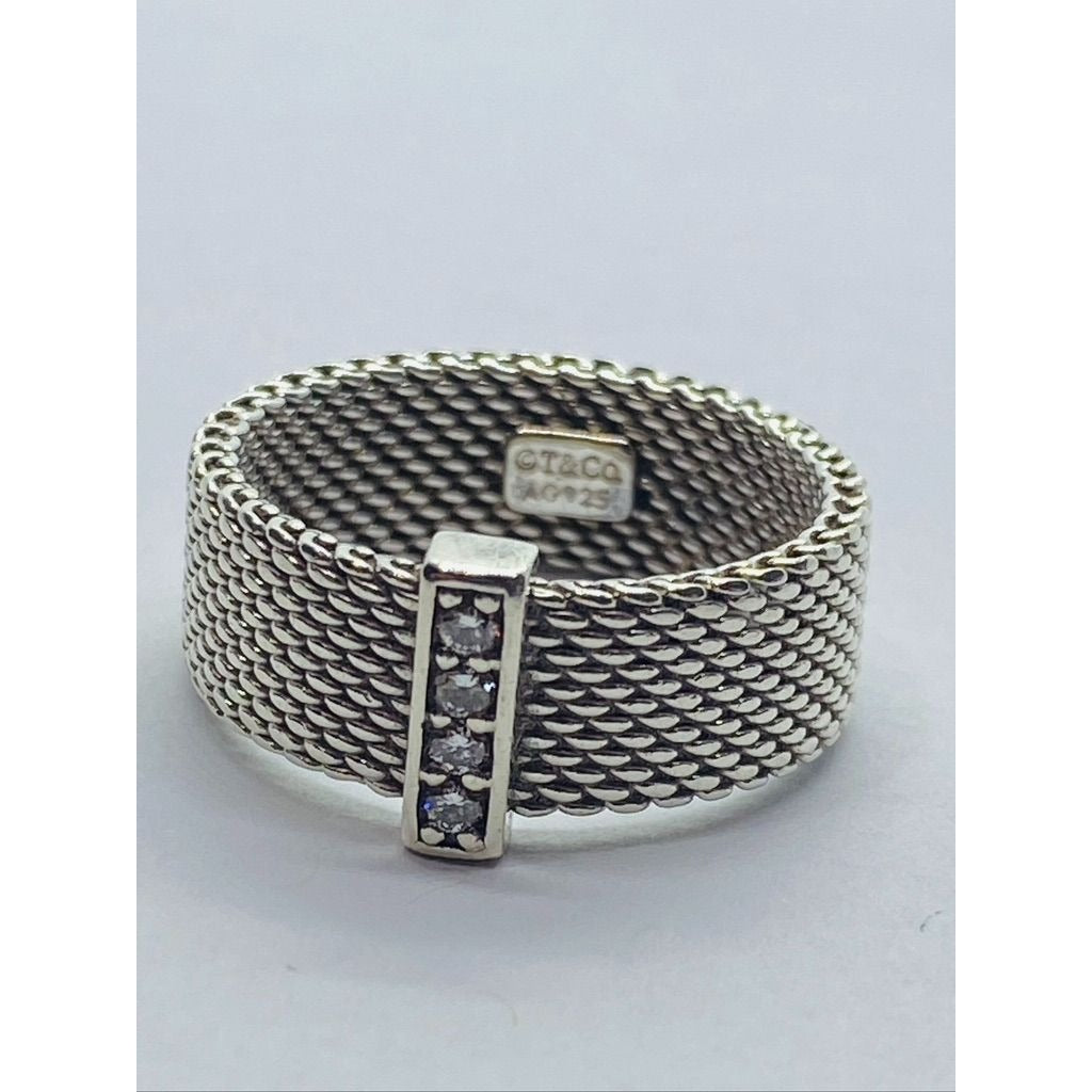 Tiffany & Co Sterling Silver Diamond Mesh Somerset Wide Band Ring. Retired