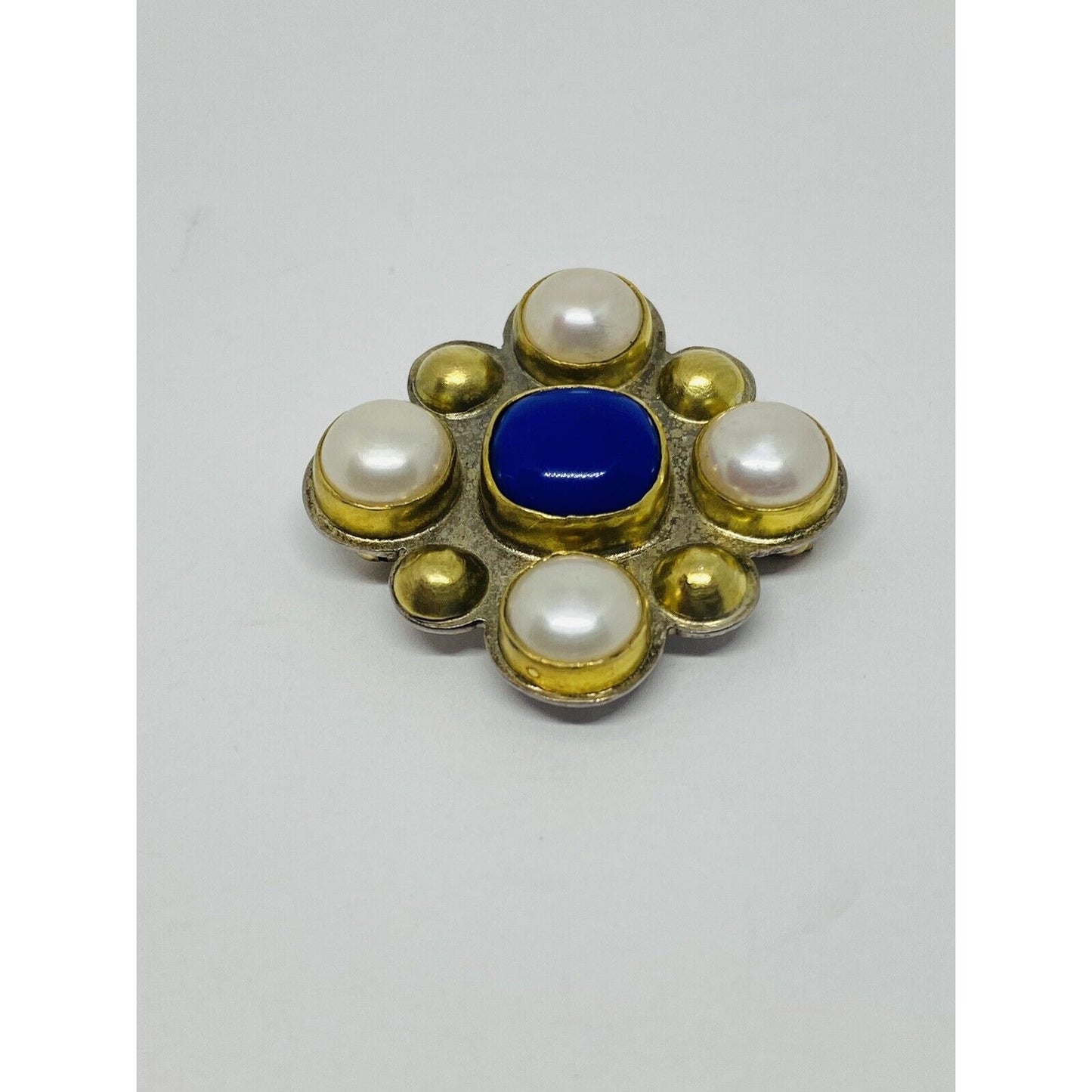 Vintage Sterling Silver 925 22K Pearl Lapis Pin Brooch Necklace 33x33MM