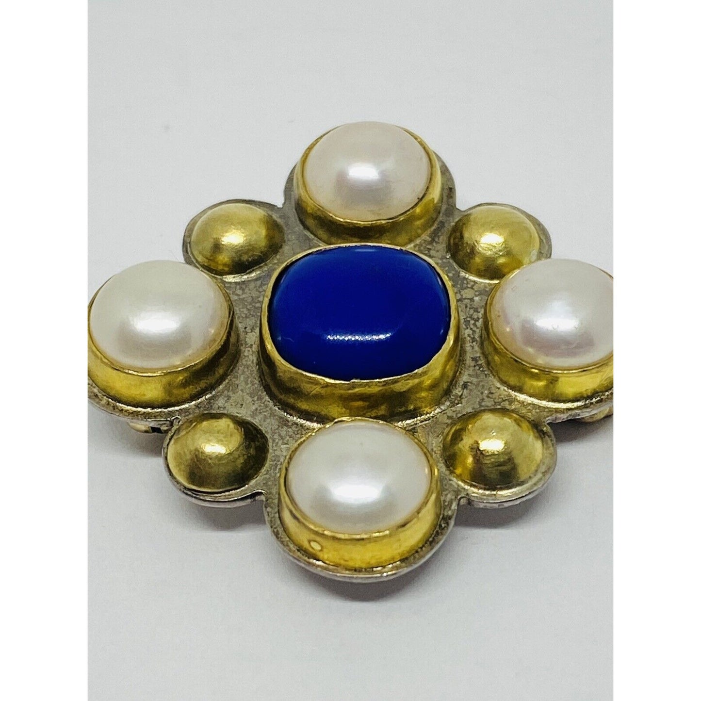 Vintage Sterling Silver 925 22K Pearl Lapis Pin Brooch Necklace 33x33MM