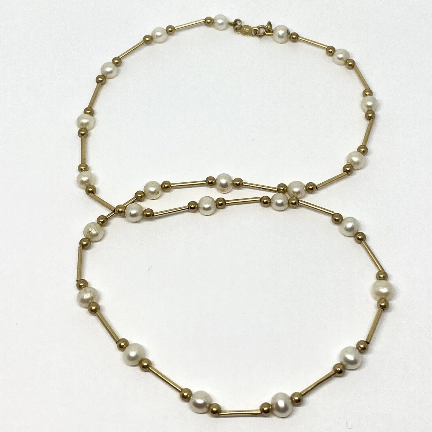 Vintage 14k Yellow Gold Pearl Station Link Necklace 17” 5MM Pearls