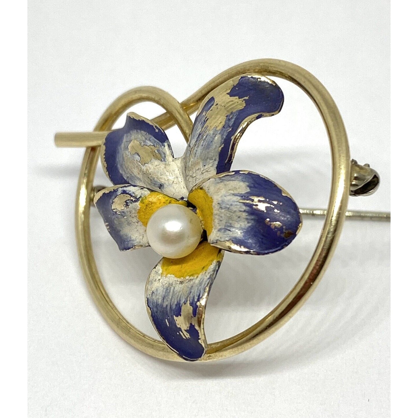 KREMENTZ Pearl Enamel 14K Gold Elegant Purple Floral Pin Brooch 6.2 Grams