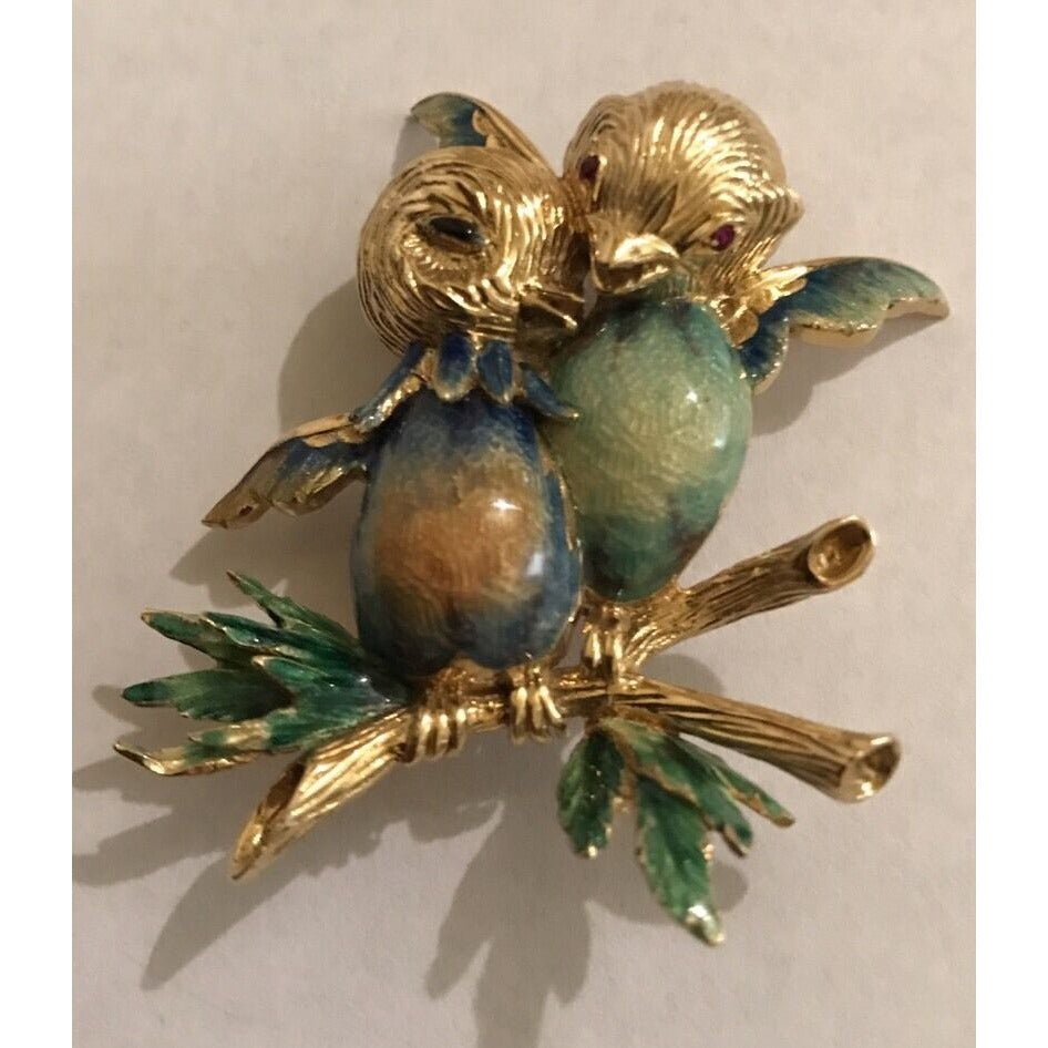 Solid Yellow Gold 18K Enamel Birds Brooch/Pin Vintage