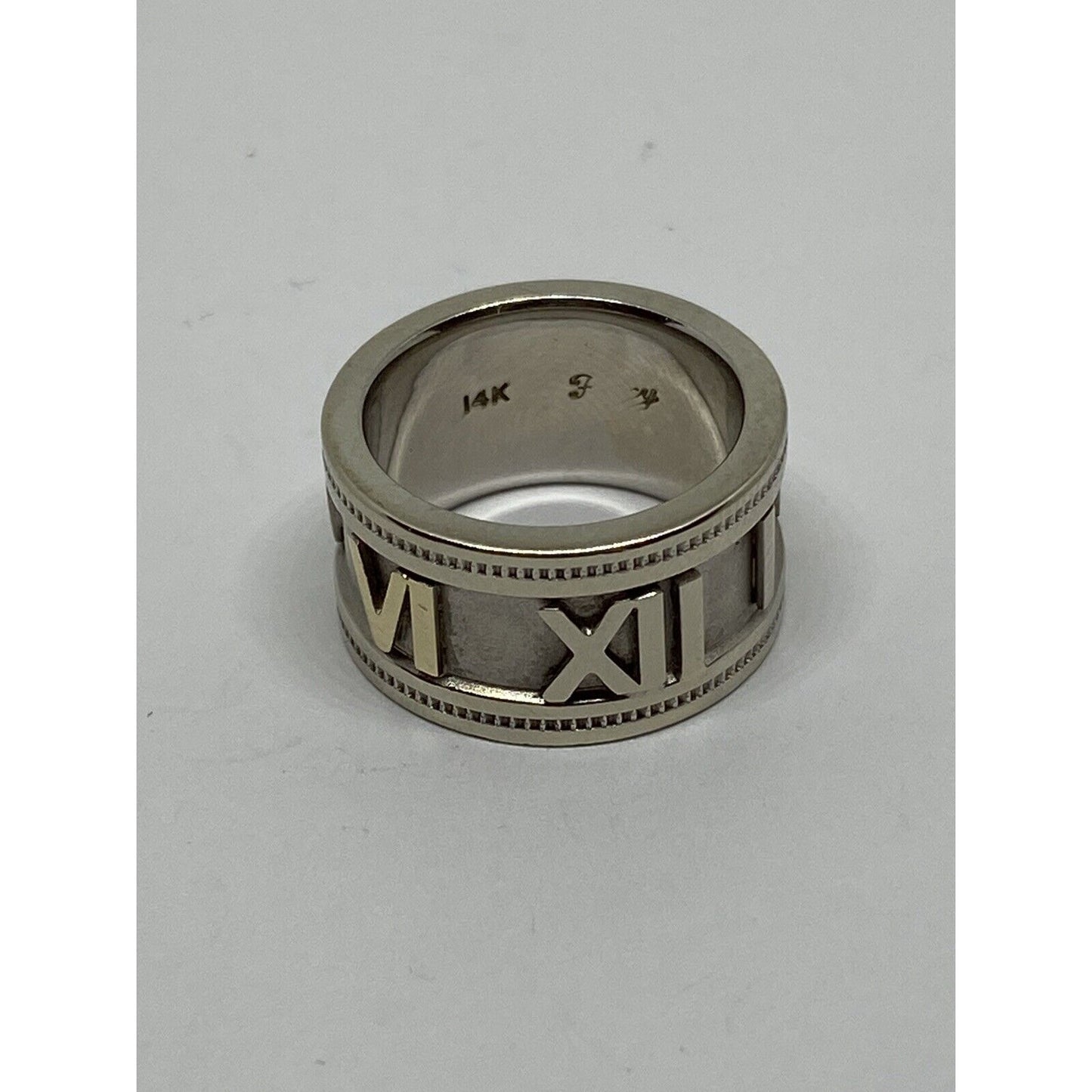 ESTATE WIDE 14K TWO TONE GOLD ROMAN NUMERAL WEDDING ANNIVERSARY RING 10mm Size 4