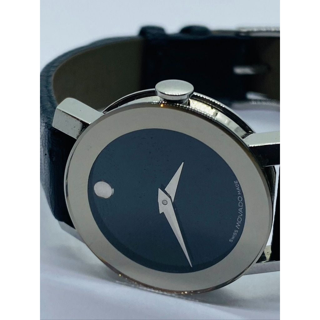 Movado 84 G3 1852 Ladies Leather Mirror Bezel Black Museum Dial Watch
