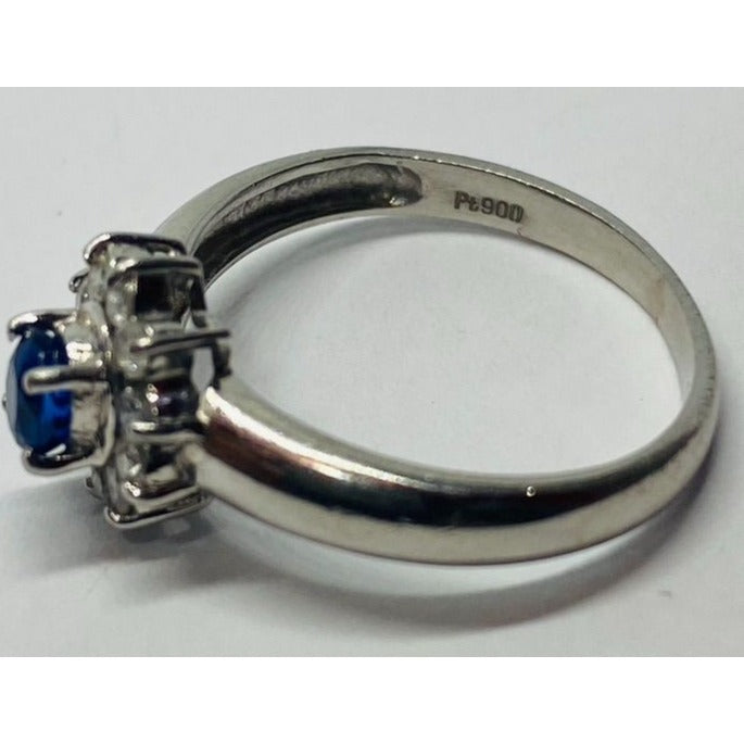 Solid Platinum 900 Navy Sapphire Diamond Halo Ring - 2.7 gms, Sz 5 , .40 TCW