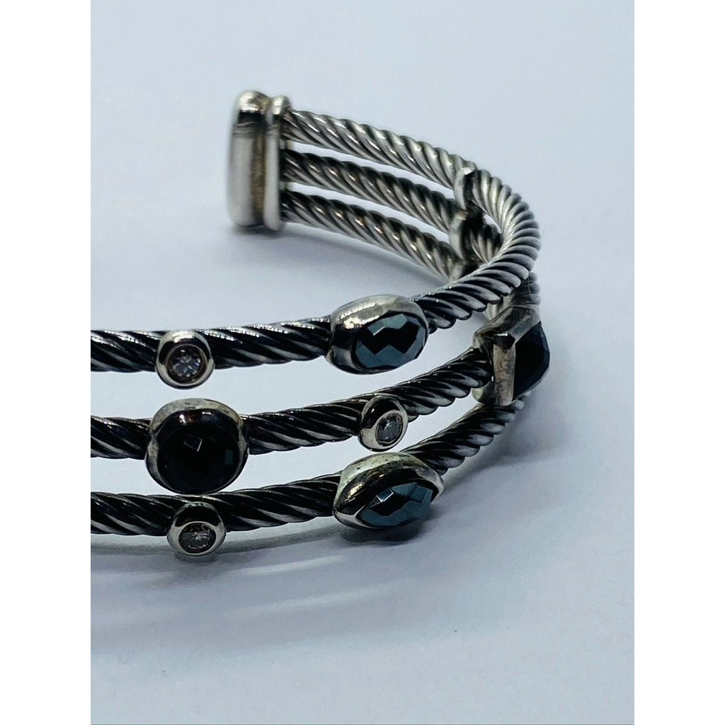 David Yurman Cable Sterling Silver Black Onyx Hematite & Diamond Confetti Cuff Bracelet