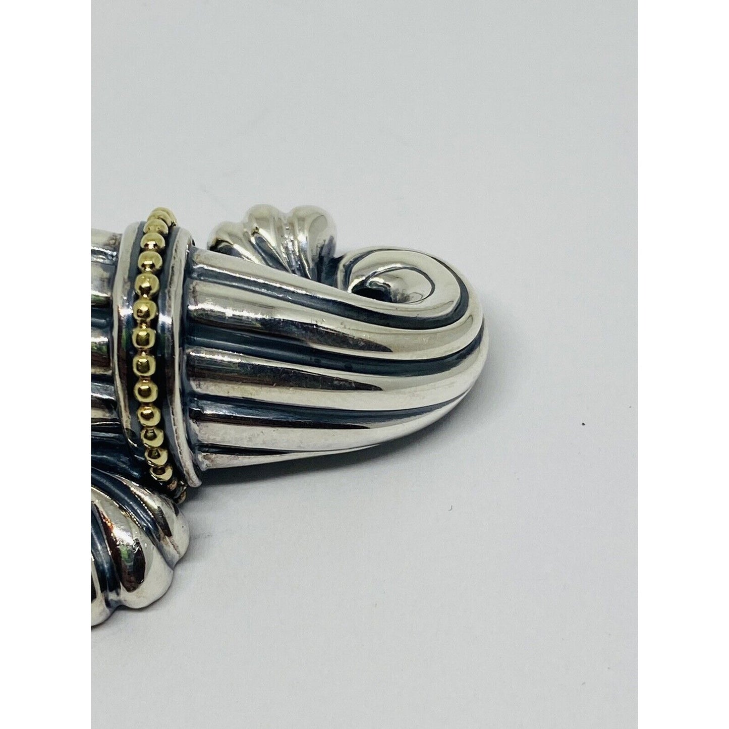 Vintage Lagos Caviar Sterling Silver 18K Gold Fluted Scroll Brooch XL 2” Long