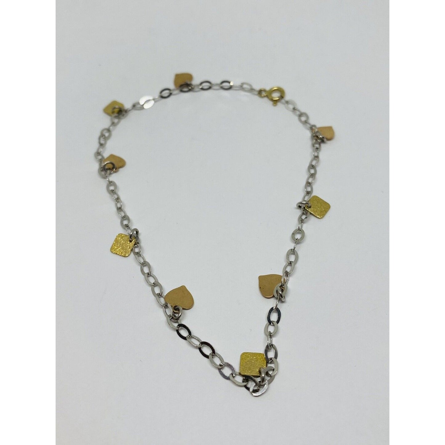 14K Solid Tri Color Gold Bracelet Chain Anklet 9.5” Dangling Hearts Squares