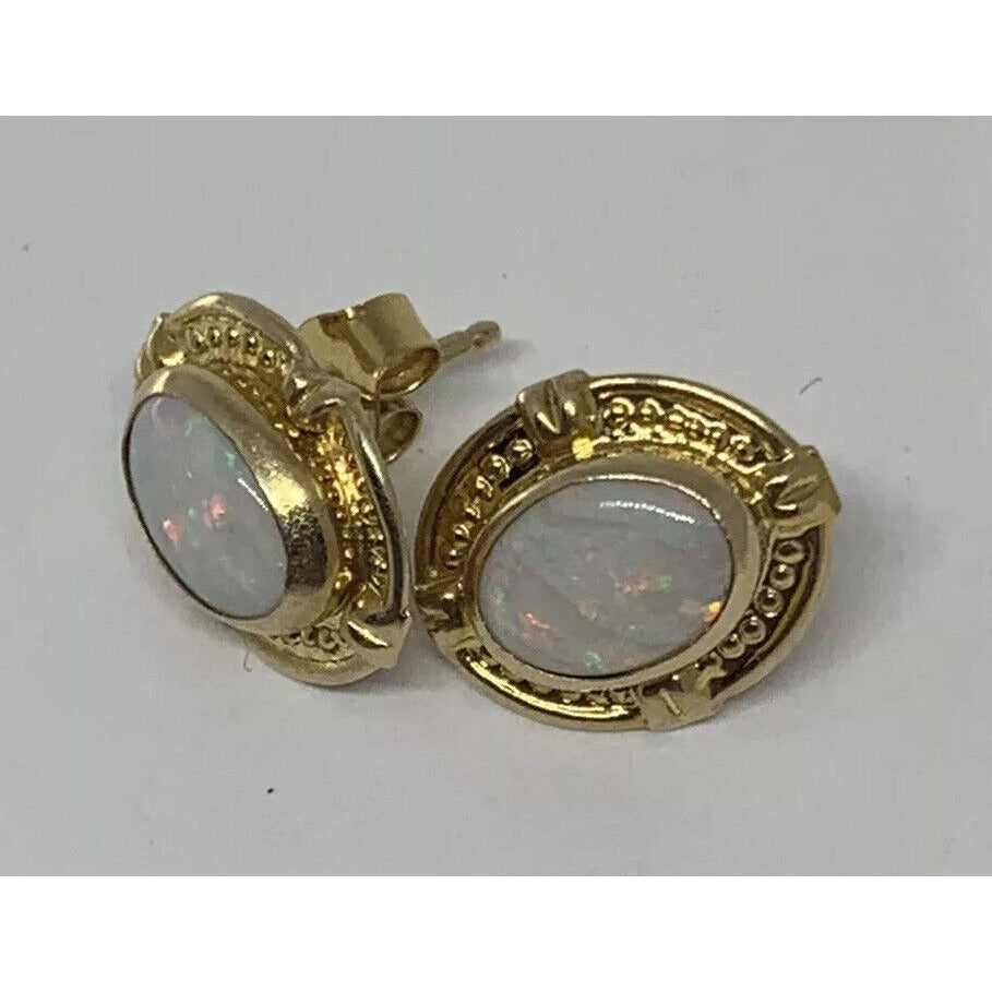 14K Yellow Gold 7.5x5mm Opal Stud Earrings