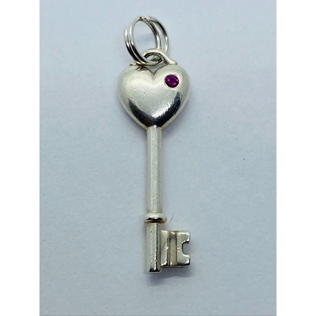 Tiffany & Co. Sterling Silver Pink Sapphire Heart Key Style Pendant 28MM