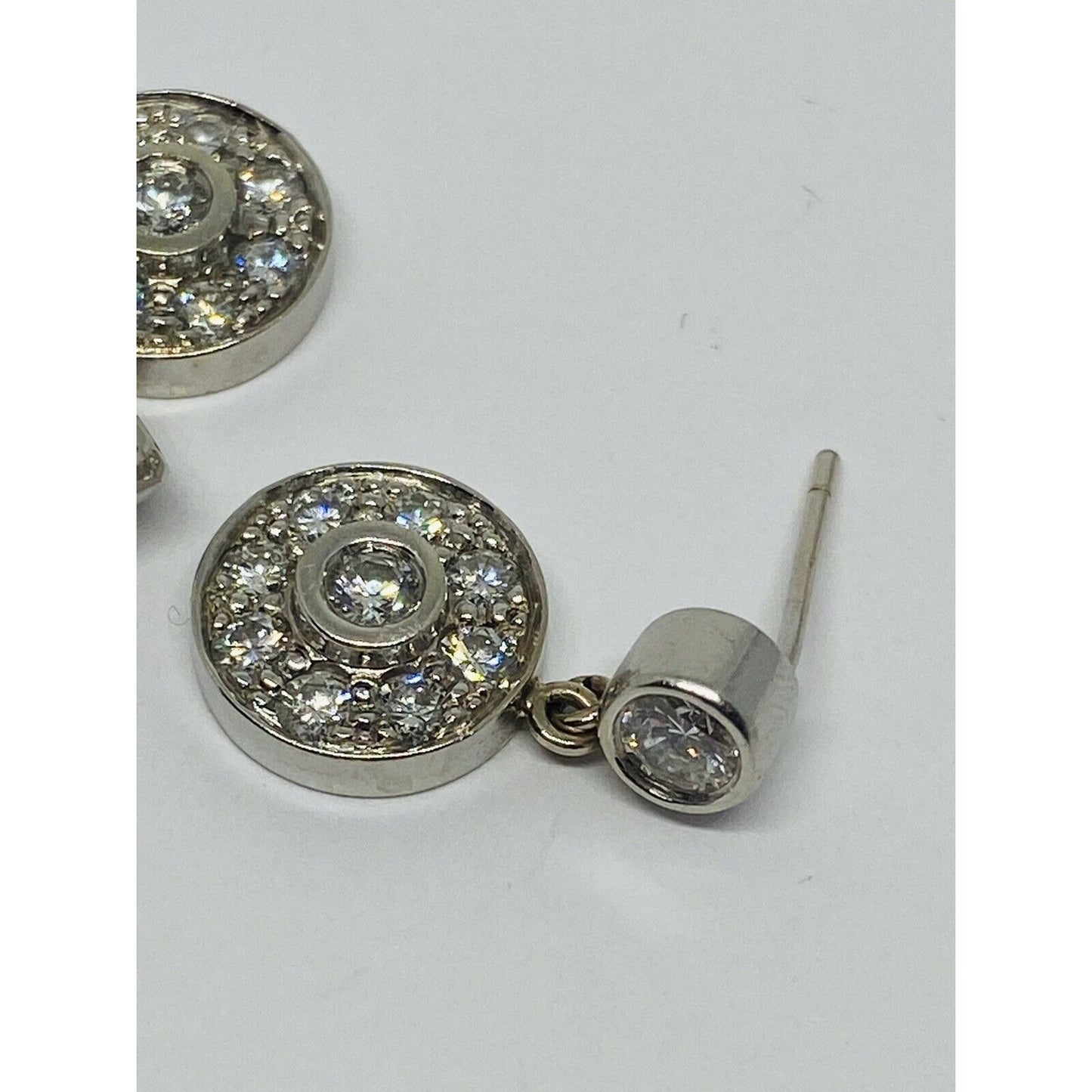 14k White Gold Bezel Set Diamond Halo Drop Dangle Earring 4.6 Grams 21MM 1 CT