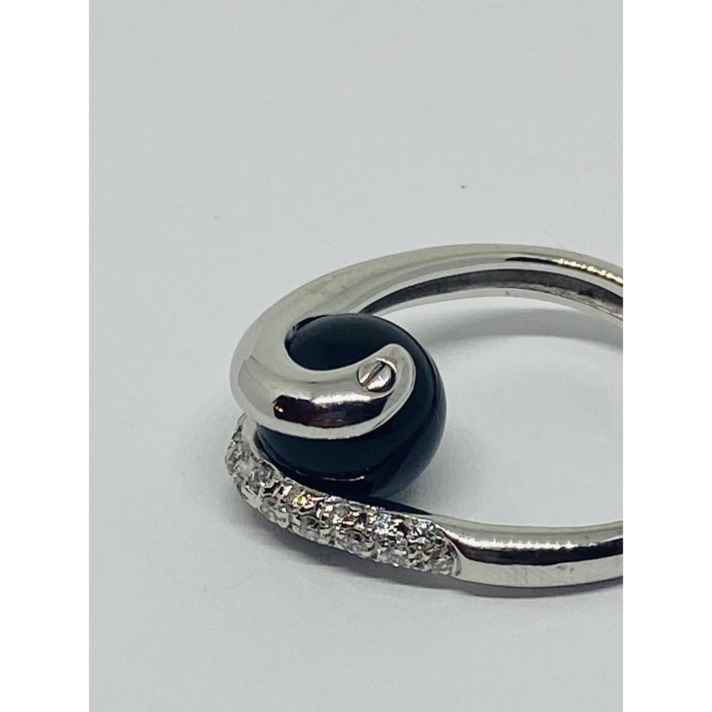 Estate Diamond Onyx 18K White Gold Bypass Ball Cocktail Ring 7.6 Grams