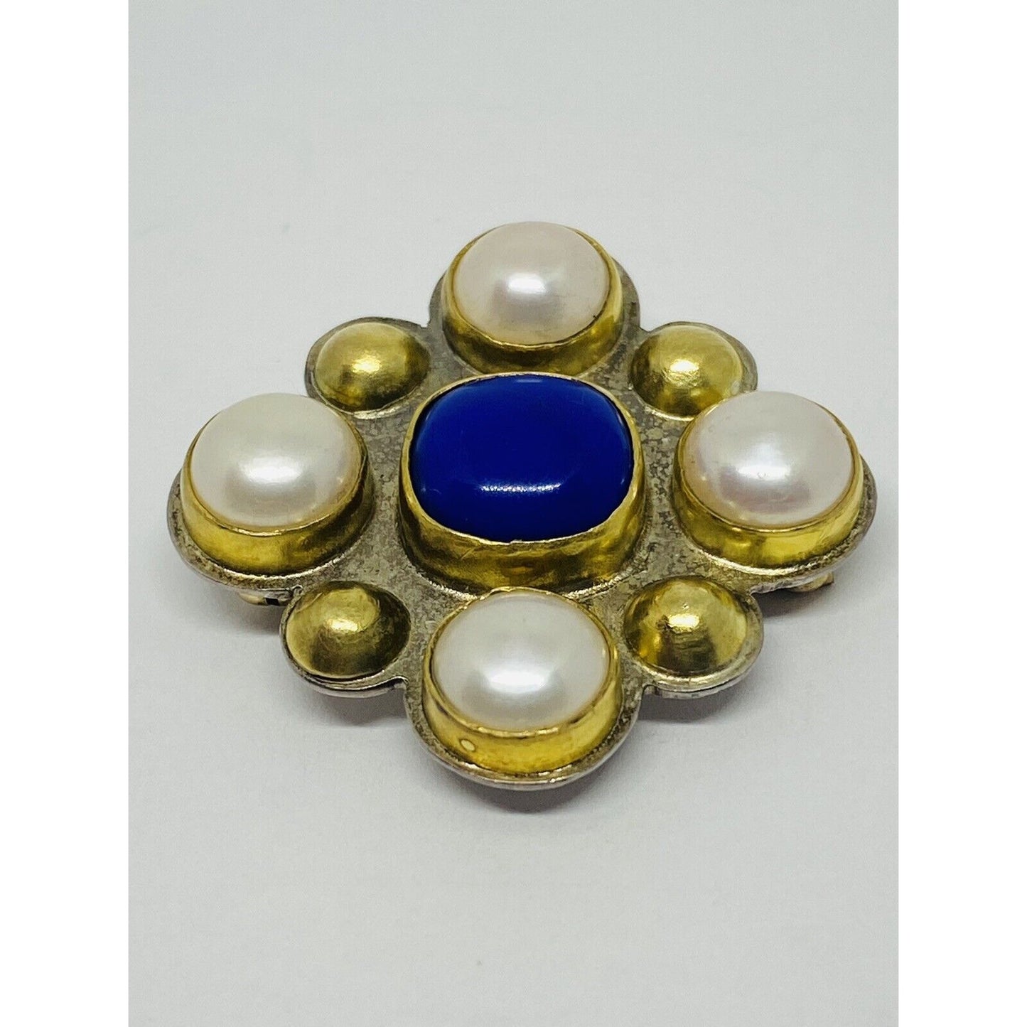 Vintage Sterling Silver 925 22K Pearl Lapis Pin Brooch Necklace 33x33MM