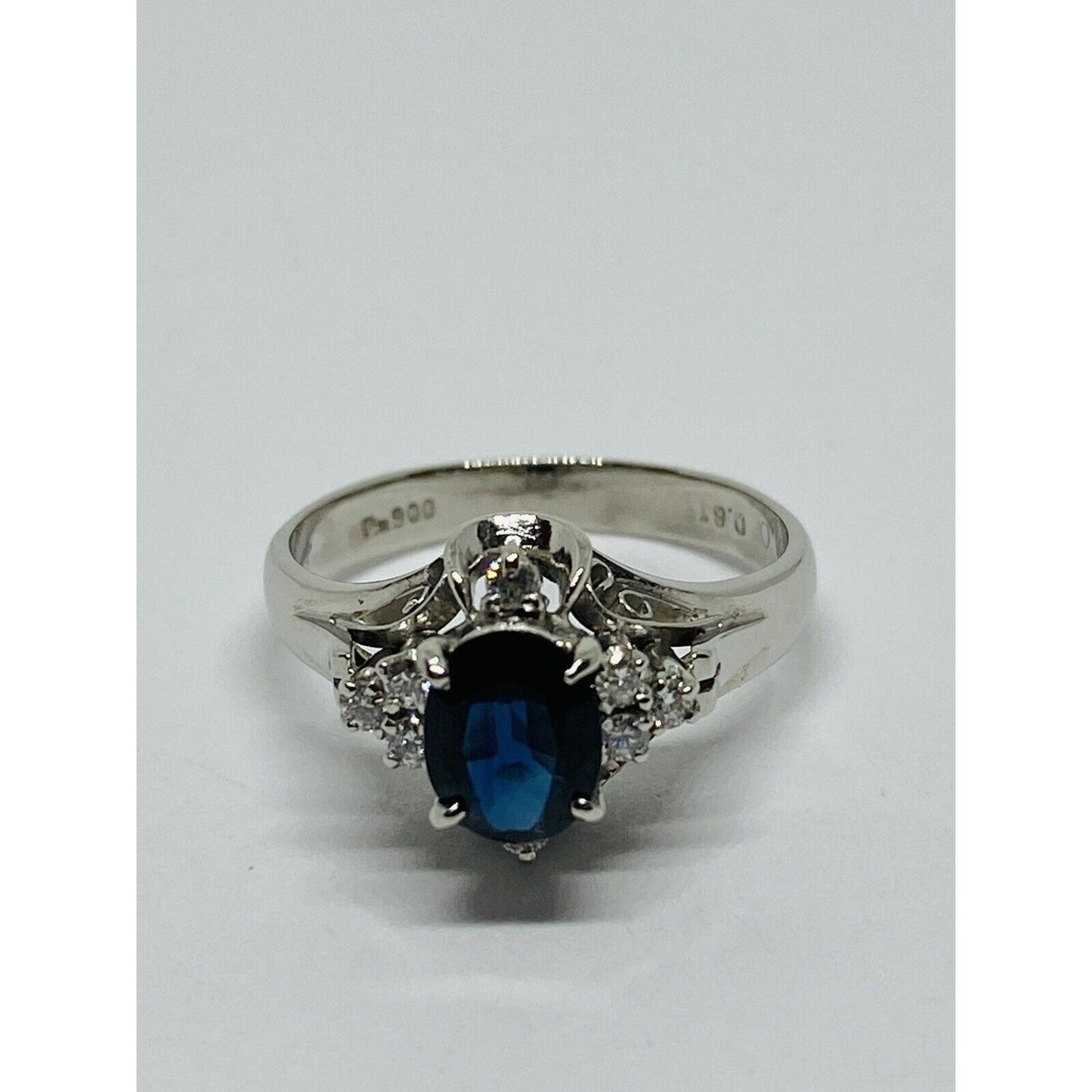 Platinum 900 Blue Sapphire Diamond Ring Size 5 .91 ctw