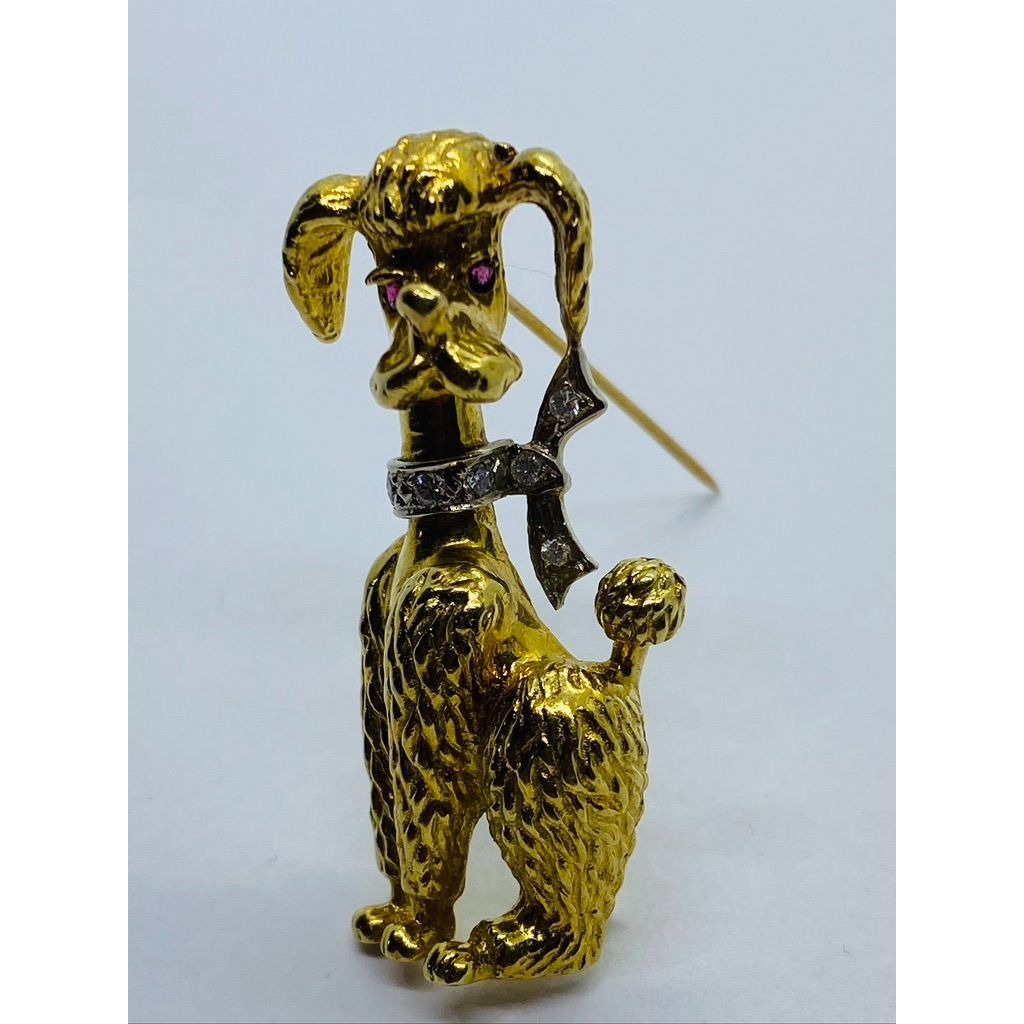 Signed Diamond Ruby 18K Gold Textured Poodle Dog Pin 15.3 Grams