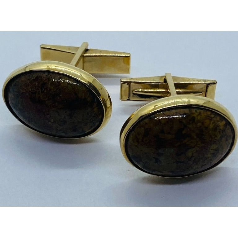 Jasper 14K Gold Oval Cabochon Mens Cufflinks 13.8 Grams 22x17MM