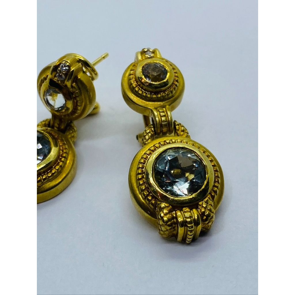 Judith Ripka 18k Yellow Gold Diamond & Quartz Dangle 2 Stone Earrings