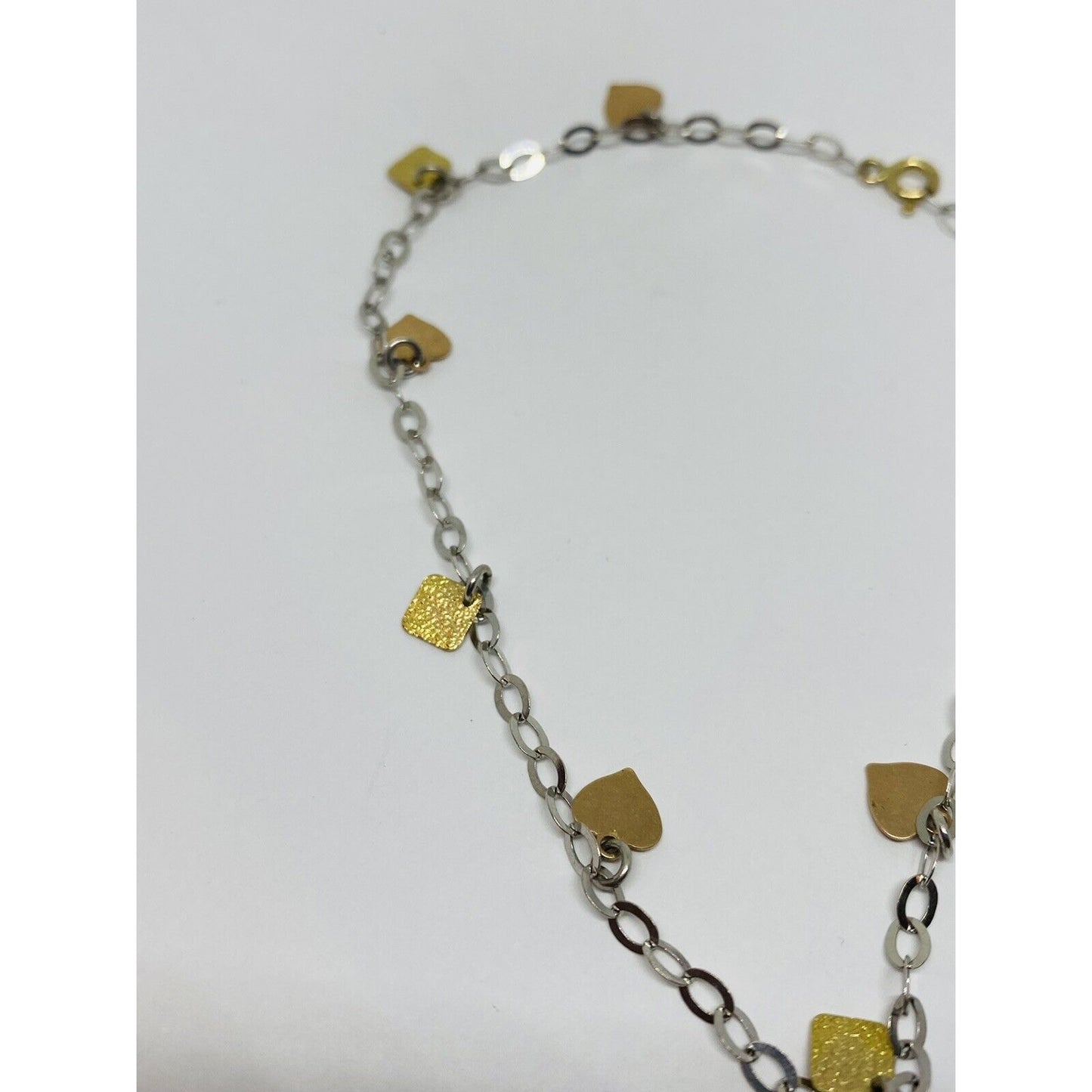 14K Solid Tri Color Gold Bracelet Chain Anklet 9.5” Dangling Hearts Squares