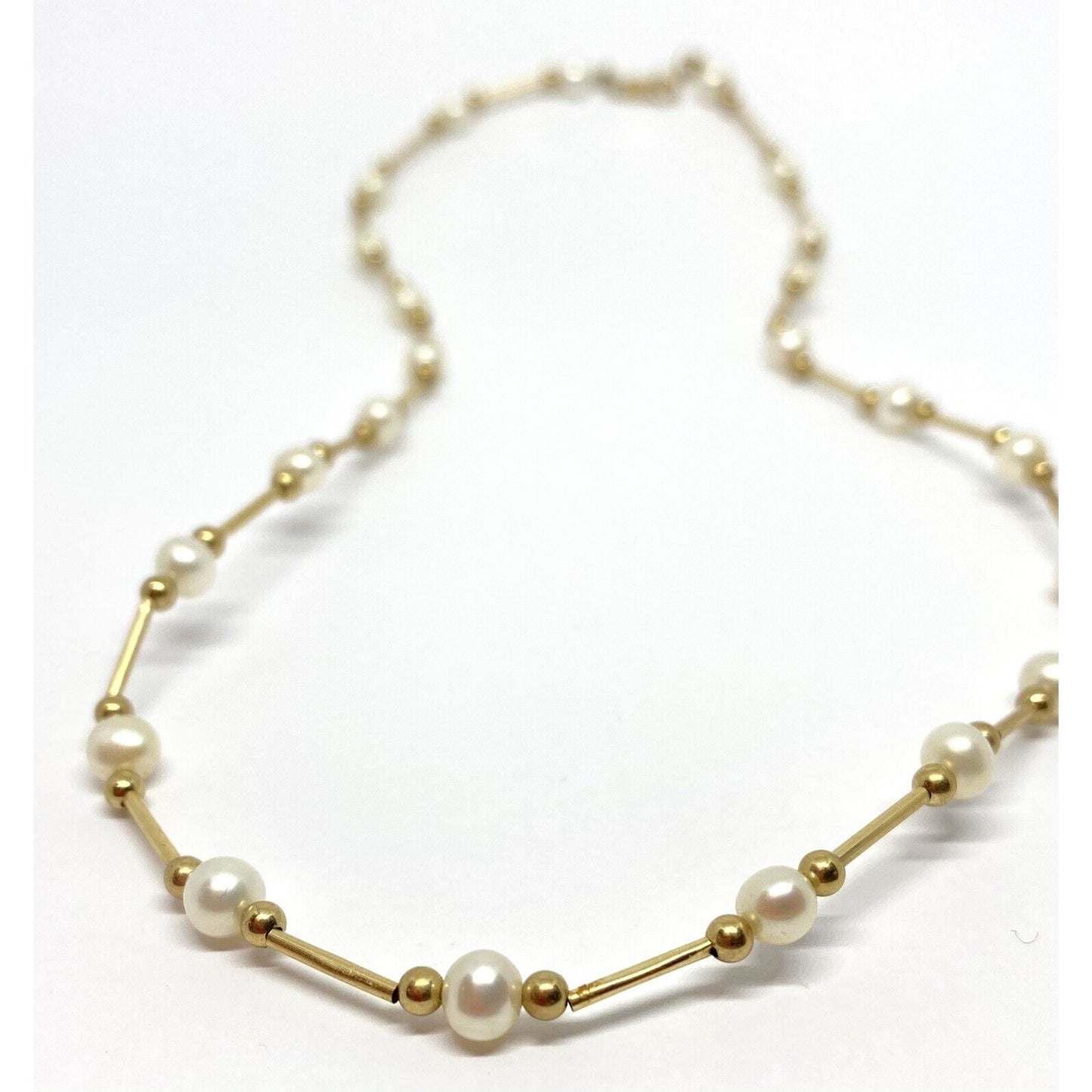 Vintage 14k Yellow Gold Pearl Station Link Necklace 17” 5MM Pearls