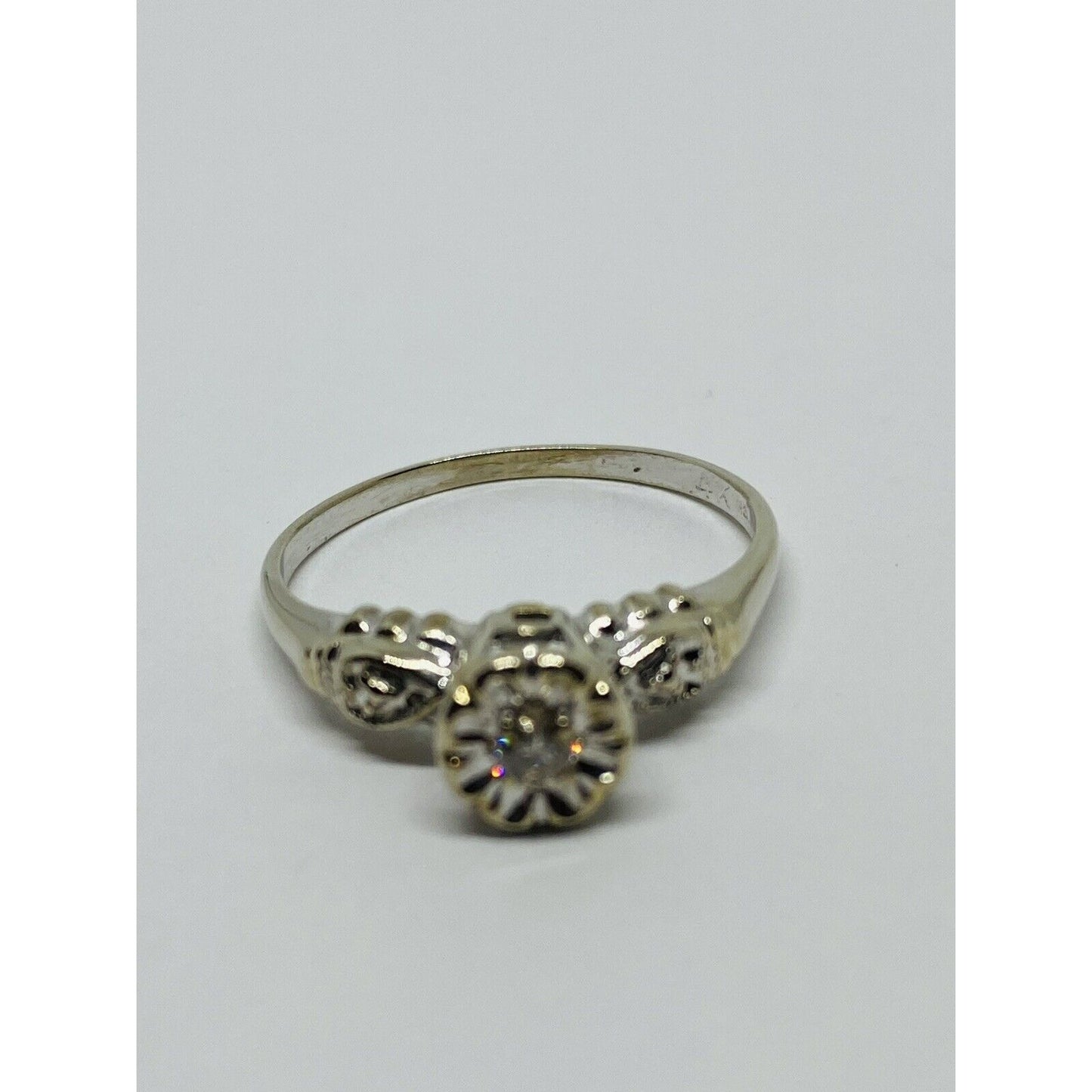 DECO DIAMOND ENGAGMENT RING 14k WHITE GOLD SZ 7.25