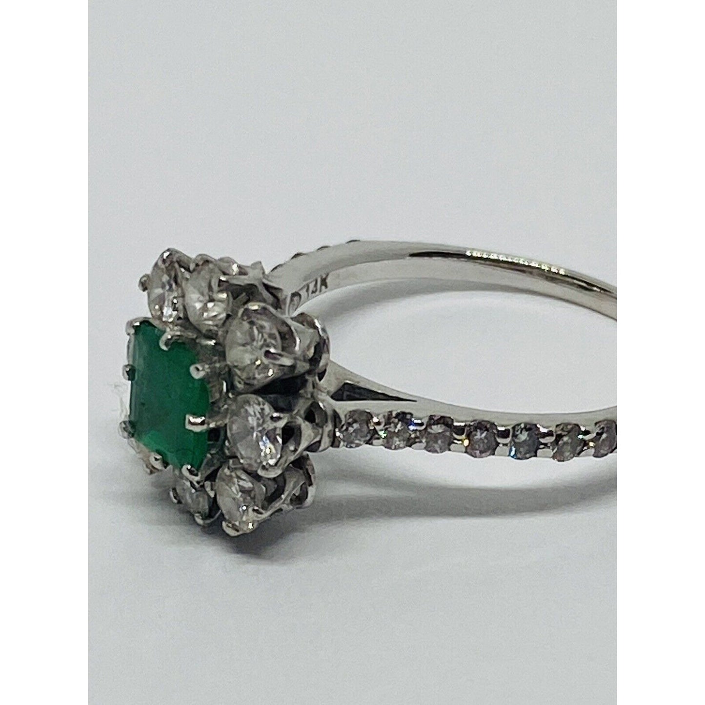 Natural Emerald and Diamond 14K White Gold Engagement Cocktail Ring 7.5