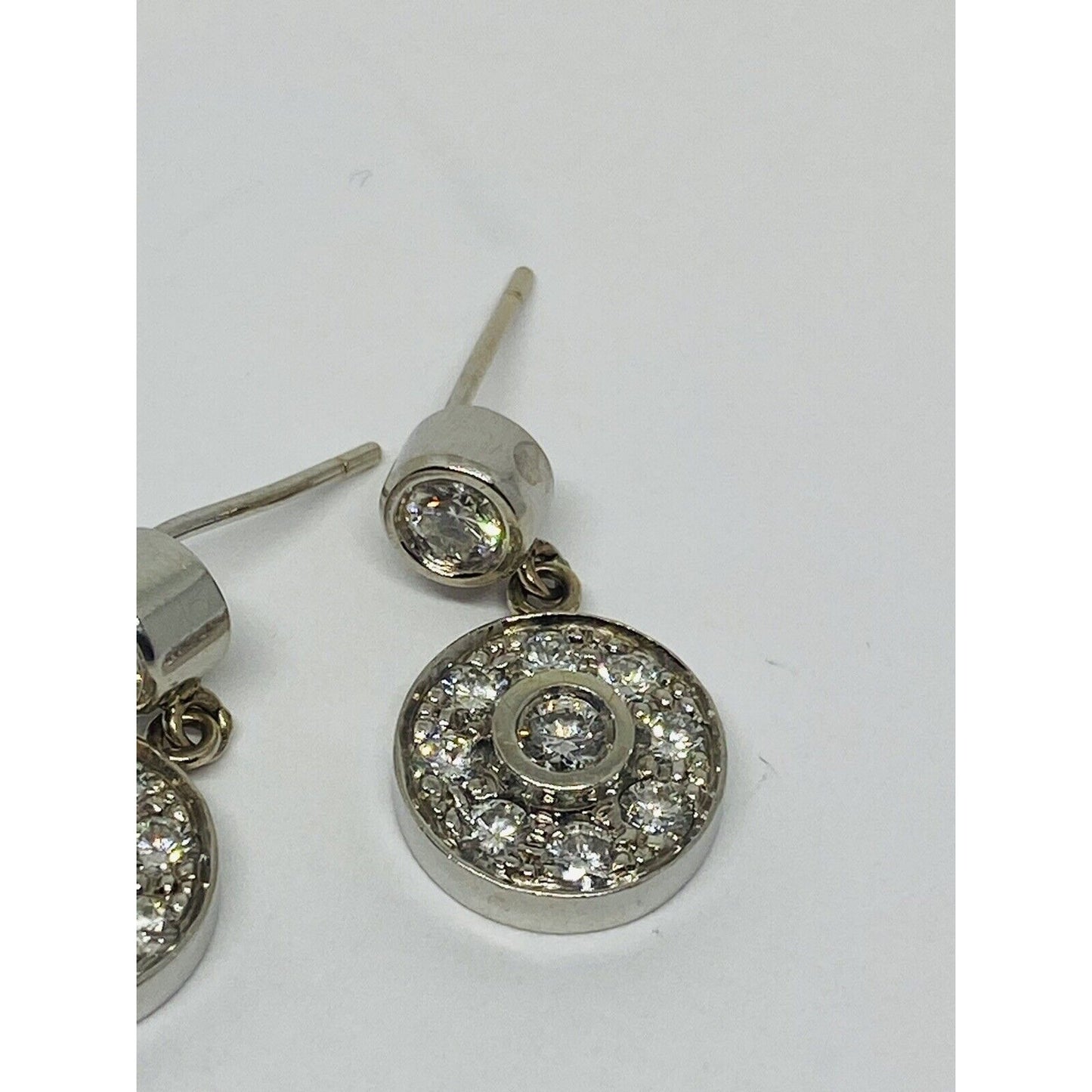 14k White Gold Bezel Set Diamond Halo Drop Dangle Earring 4.6 Grams 21MM 1 CT