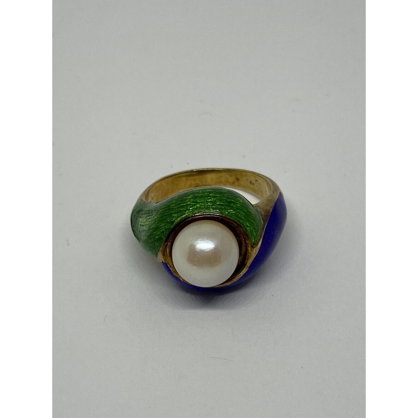 Vintage Pearl Ring Blue Green Enamel 14K Yellow Gold Estate Retro 7.5mm Pearl