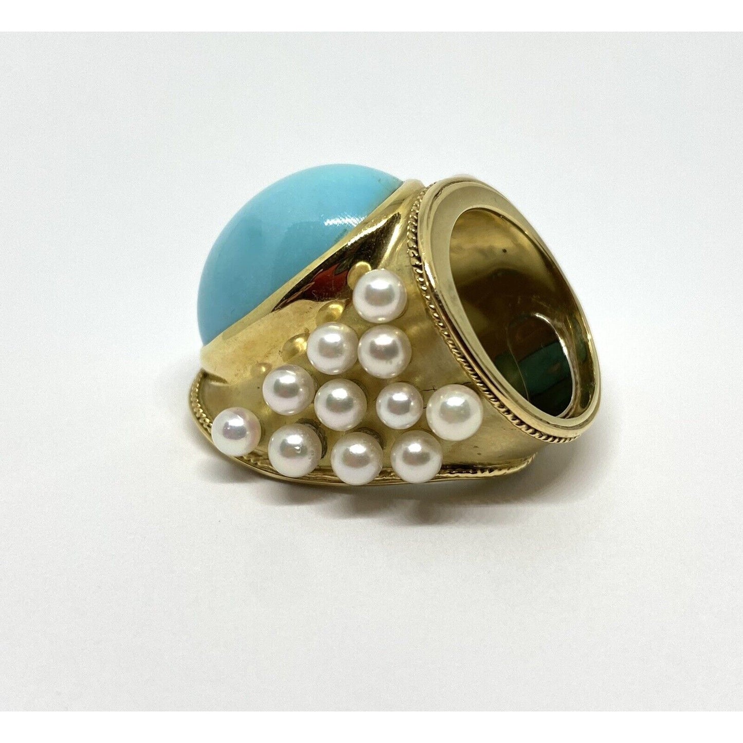Huge 16CT Natural Turquoise Pearl 18K Gold Wide Shield Ring 30.3 Grams Gia Cert
