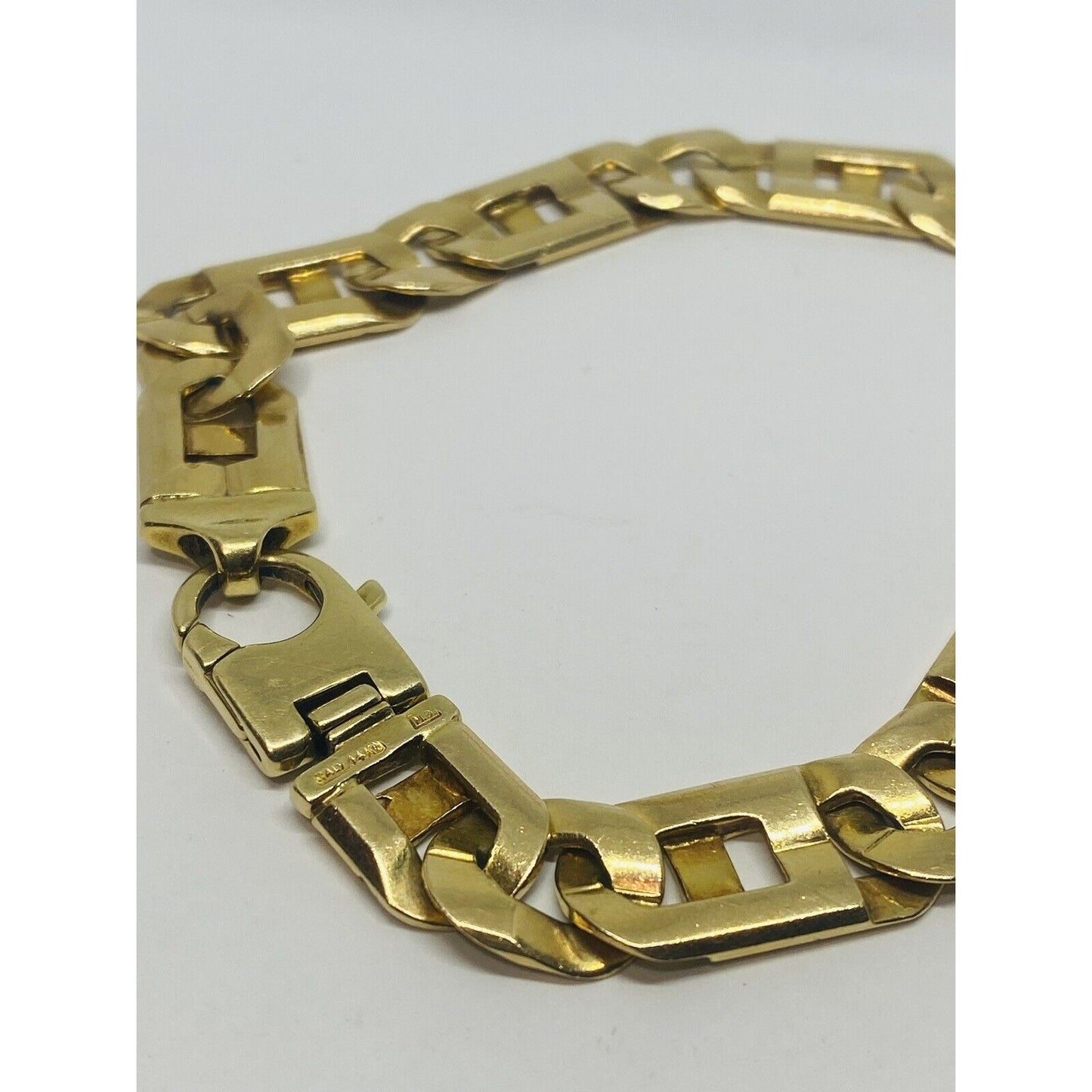 14k Solid Yellow Gold GREEK KEY-TIGER EYE Link Mens Bracelet 9” 37.5 Grm 10.5MM