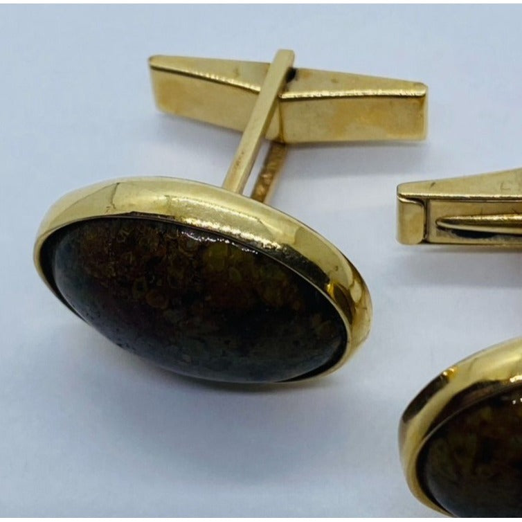 Jasper 14K Gold Oval Cabochon Mens Cufflinks 13.8 Grams 22x17MM
