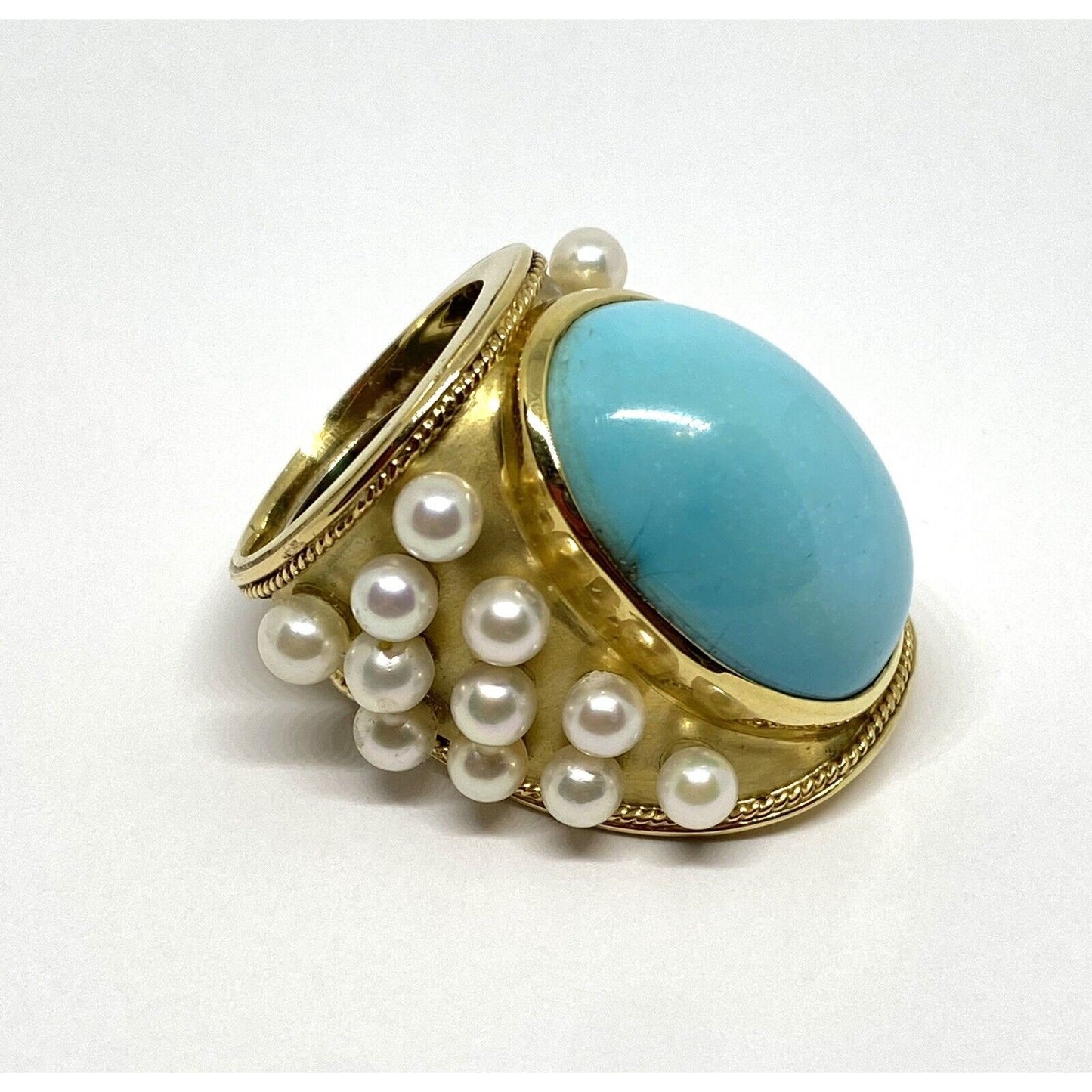 Huge 16CT Natural Turquoise Pearl 18K Gold Wide Shield Ring 30.3 Grams Gia Cert