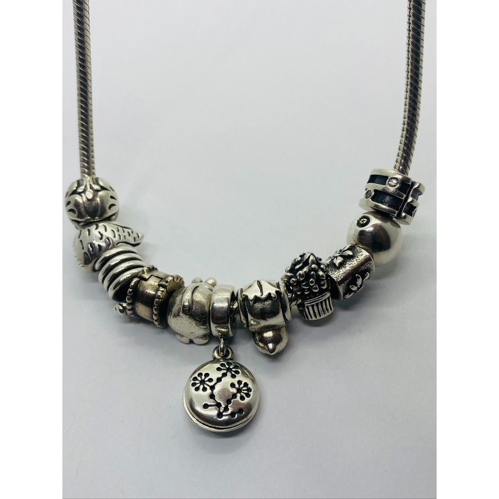 Pandora Sterling Silver Necklace Nature Theme With 11 Charms 16.5"