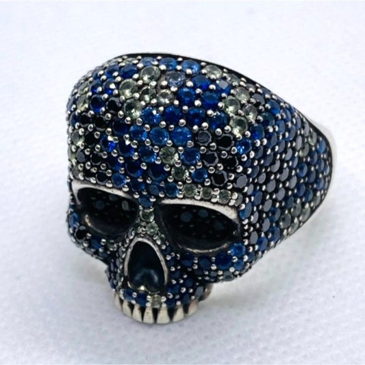 David Yurman Memento Mori Skull Ring Blue Sapphire, Black Diamonds 12.