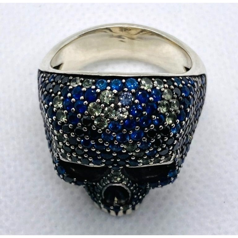 David Yurman Memento Mori Skull Ring Blue Sapphire, Black Diamonds 12.